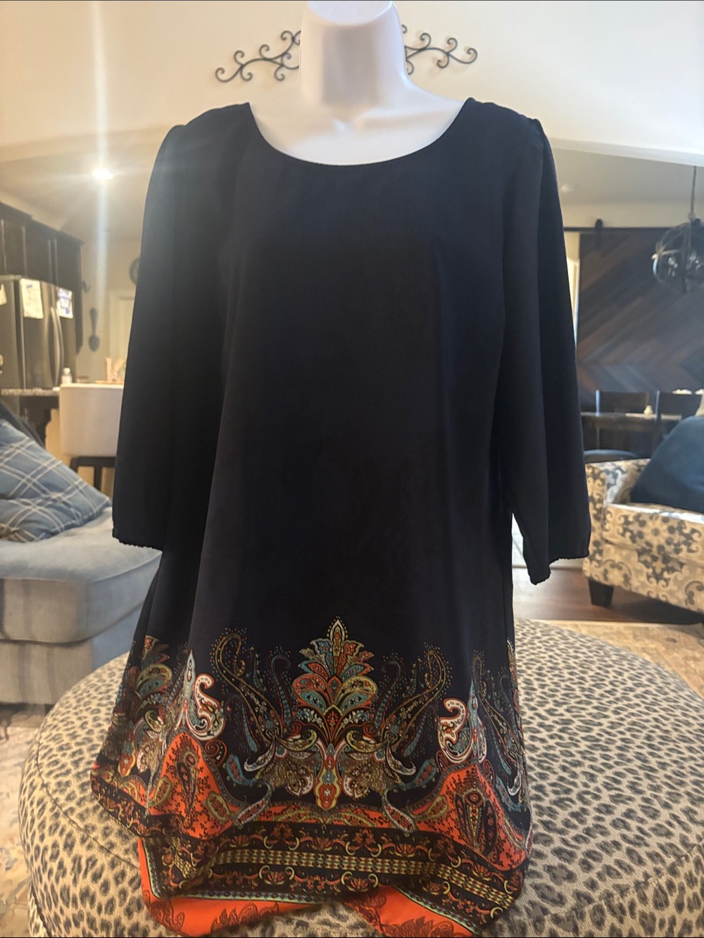 Women's Navy Blue Paisley Hem Tunic Top